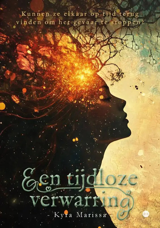 De boekcover van een tijdloze verwarring toont een vrouwensilhouet met vurige boomtakken als symboliek van tijd terug vinden