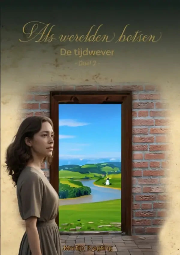 A woman in a muted olive-green dress stands beside an open brick doorway in martijn kregting science fiction werelden botsen