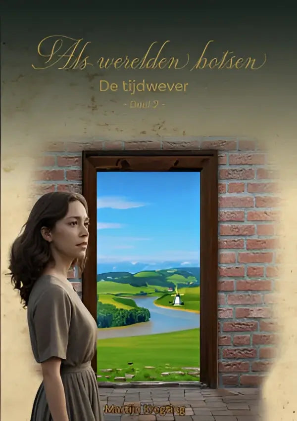 Een vrouw in een olijfgroen tijdwever kleed staat naast een open stenen deur en kijkt naar het groene landschap