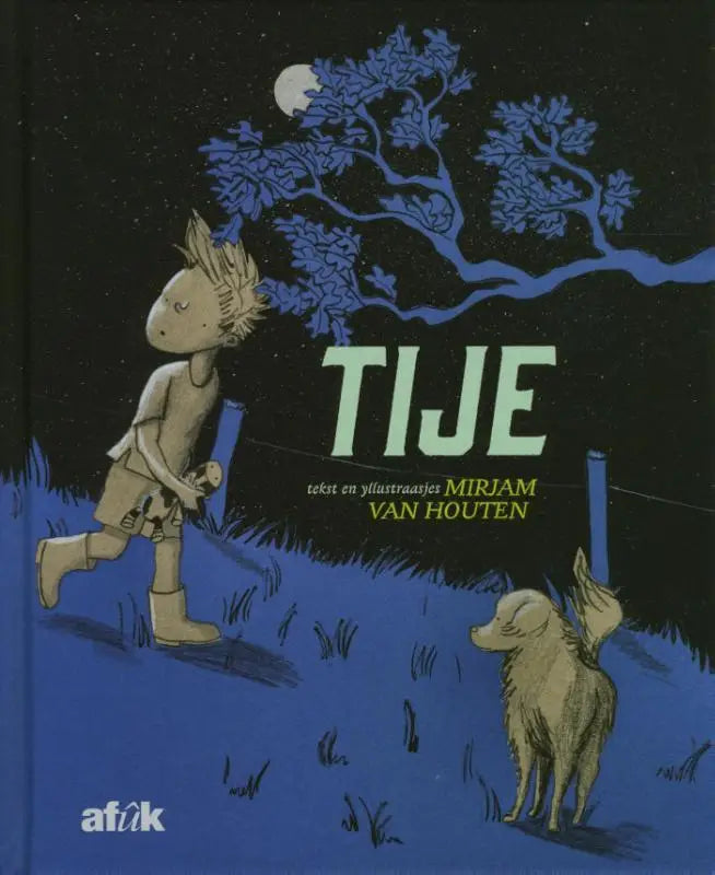 Blauwe geïllustreerde kinderboekencover van Tije met jongen en hond onder maanlichte boom voor jonge lezers