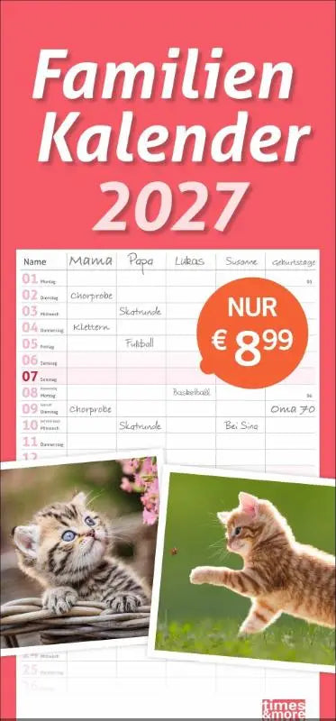 times&more Katzen Familienplaner 2027 - Ein praktischer Kalender mit 5 Spalten für Pläne, Termine und Notizen der ganzen Familie. Niedliche Katzenfotos in einem nützlichen Familienkalender. times&more