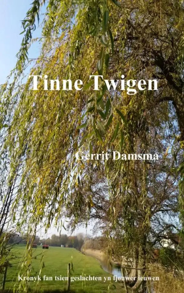 Boekcover van tinne twigen kronyk fan tsien geslachten met treurwilg en blauwe lucht op de achtergrond