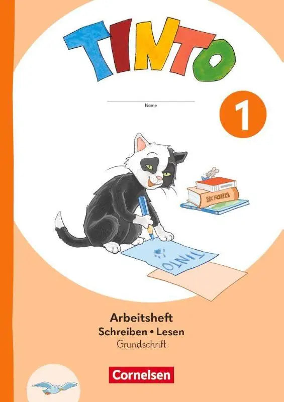 De cover van het arbeitsheft schreiben und lezen tinto 1 toont een zwart-witte kat met een blauwe potlood