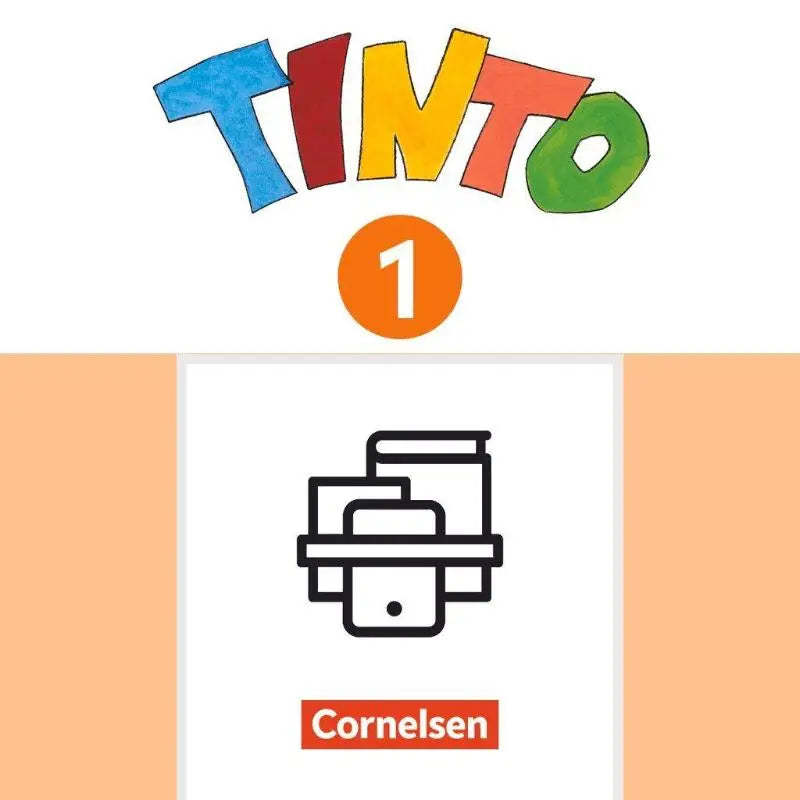 Kleurrijk tinto 1 logo met regenboogletters boven zwart line-art gestapelde boeken van cornelsen bij buchstabenkurs und arbeitsheft pakket