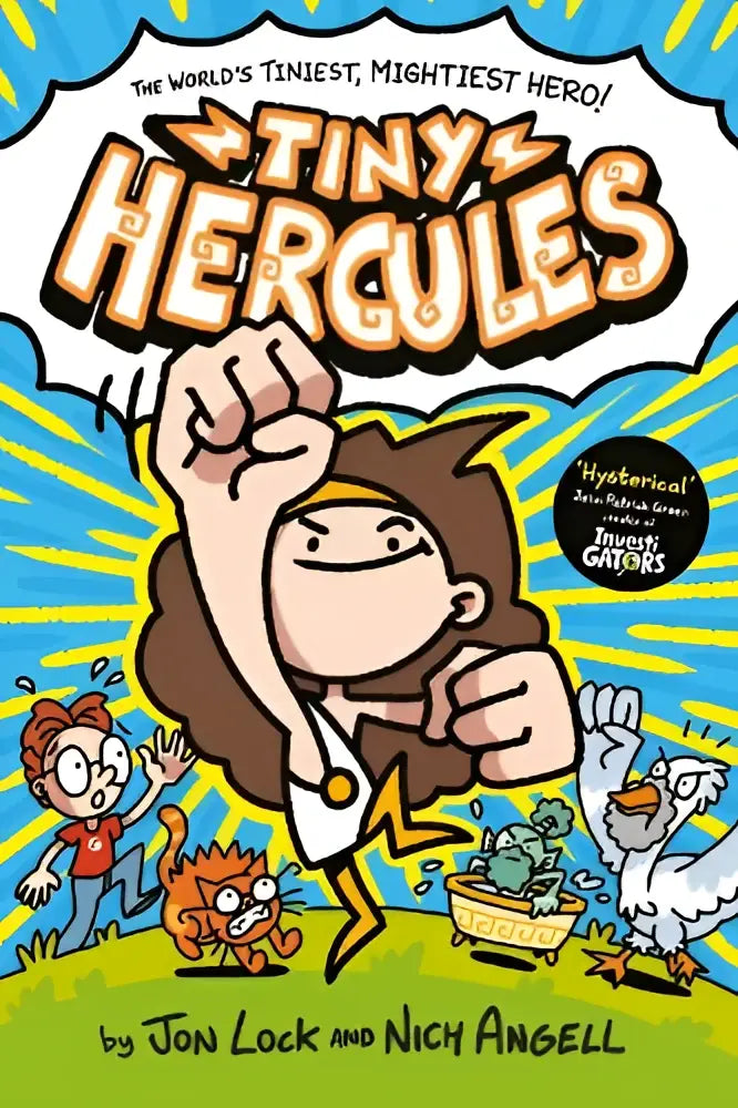 De cover van het kinderboek Tiny Hercules toont een kleine gespierde held met bruin haar en een wit shirt