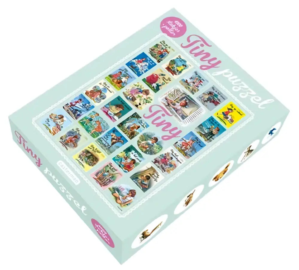 Een mintgroene tiny puzzel box met kleurrijke vintage puzzelafbeeldingen in een raster van casterman jeugd