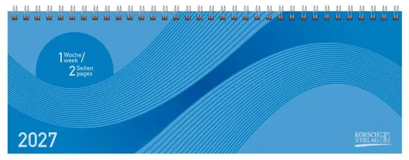 Blauwe tischkalender quer professional 2027 met spiraalbinding en weekindeling 1 woche 2 seiten