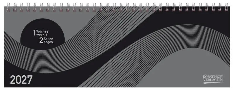 Tischkalender quer professional colourlux 2027 in schwarz mit minimalistischer abstrakter wellenoptik im format 29,8 x 10,5 cm