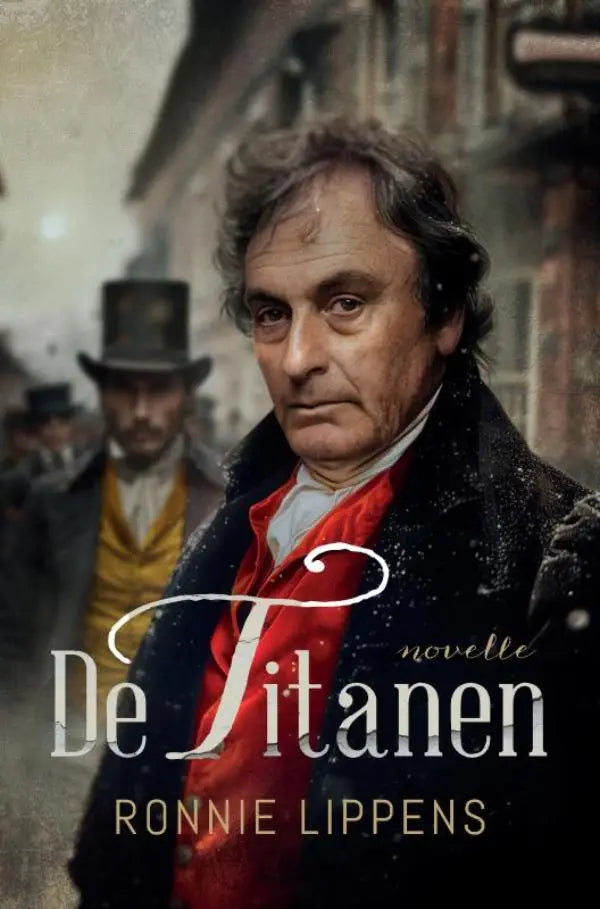 Man in een donker jas met rood vest en wit overhemd staand tegen een besneeuwde straat in novelle de titanen