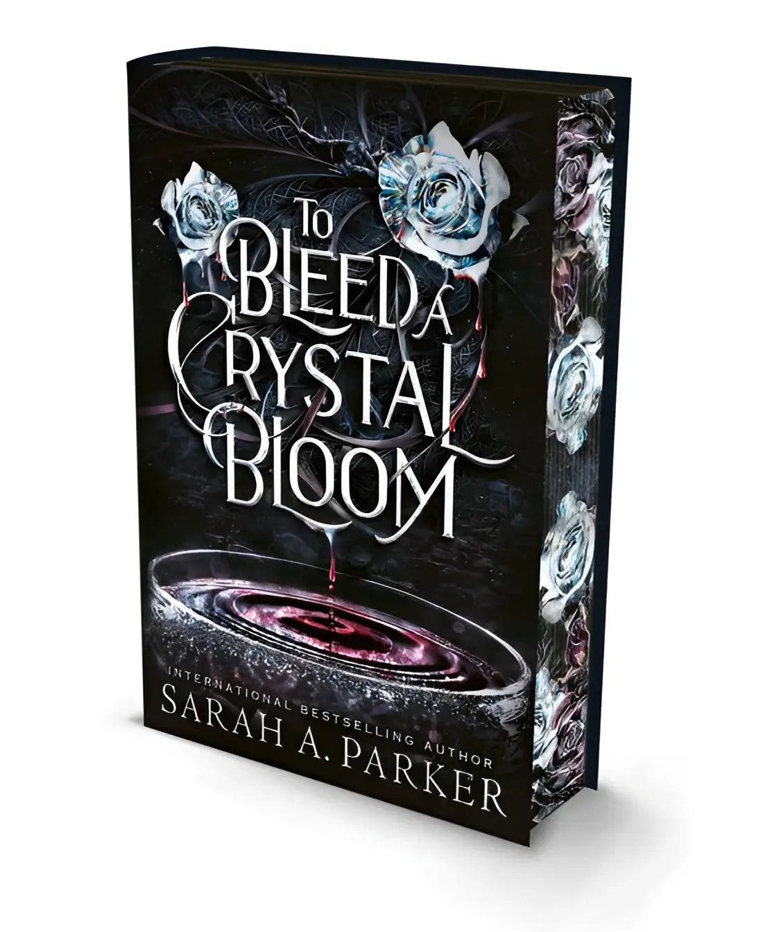 Zwart hardcoverboek to bleed a crystal bloom met zilveren en witte rozen en rode vloeistof, sprayed edges editie