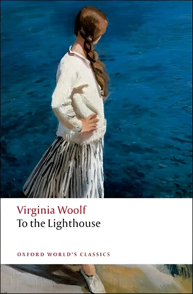 De cover van het boek to the lighthouse toont een vrouw in een witte gebreide trui en gestreepte rok nabij het water