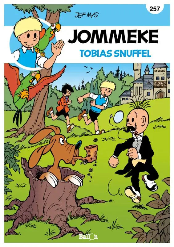Jommeke comic book cover tobias snuffel with colorful cartoon children and animals in an outdoor scene