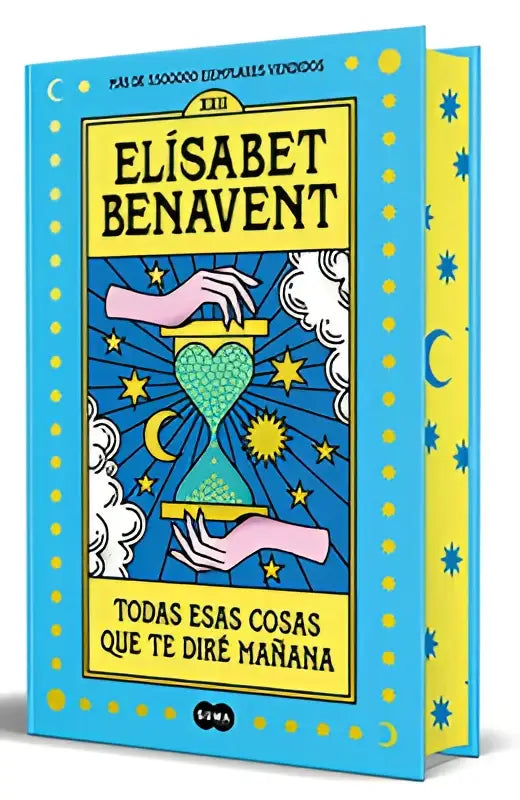 Een levendig blauw boek speciale editie con cantos met de titel todas esas cosas en een zandloperillustratie