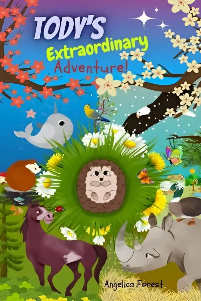 A vibrant children’s book cover for tody’s extraordinary adventure featuring a cartoon hedgehog with colorful flowers and whimsical animals