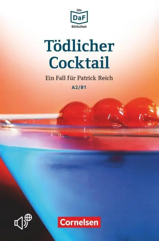 De boekcover toont een kleurrijk cocktailglas met rode kersen op de rand voor het boek tödlicher cocktail daf daz-lerenden
