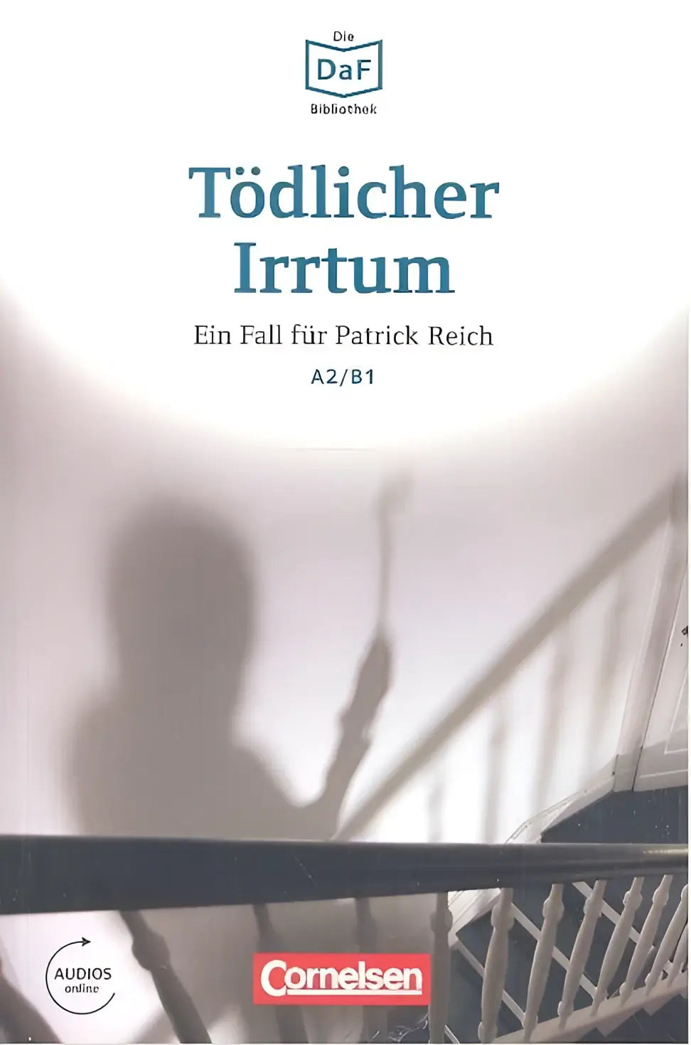 De cover van het duitse mysteryboek tödlicher irrtum toont een schimmige figuur op trappen tegen een witte achtergrond voor daf daz-lerenden