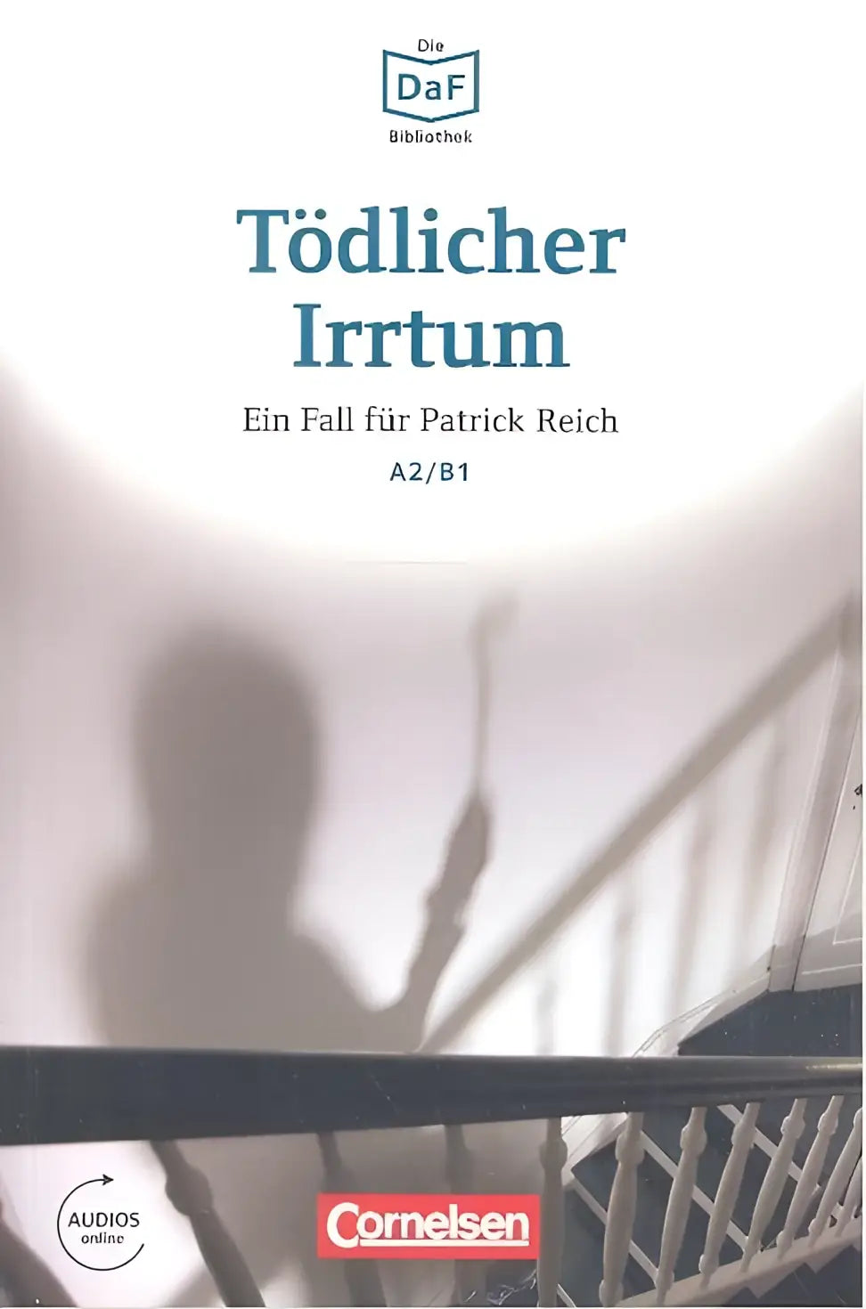 De omslag van de duitse mysteryroman tödlicher irrtum toont een schaduwrijke silhouet tegen een trapachtergrond voor daf daz-lerenden