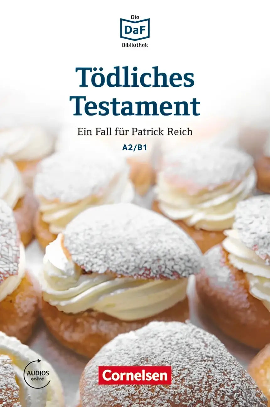 De cover van het boek tödliches testament door cornelsen toont poedersuiker bestoven met room gevulde gebakjes voor daf daz-lerenden