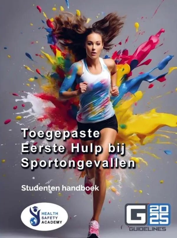 Vrouw in wit en multicolor tie dye tanktop rent door levendige verfsplashes bij toegepaste eerste hulp bij sportongevallen gevorderden