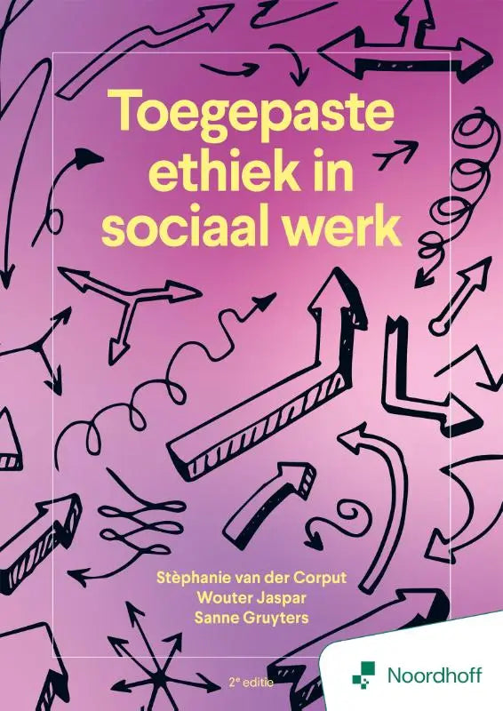 Boekcover toegepaste ethiek in sociaal werk met een levendige roze achtergrond en zwarte handgetekende pijlen
