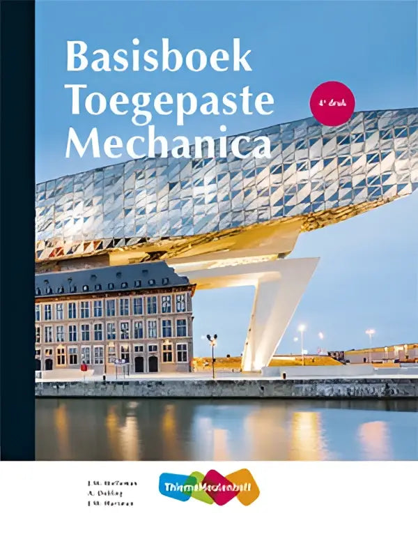 Cover van het toegepaste mechanica basisboek met een moderne architectonische brug en witte tekst op donkerblauwe rug