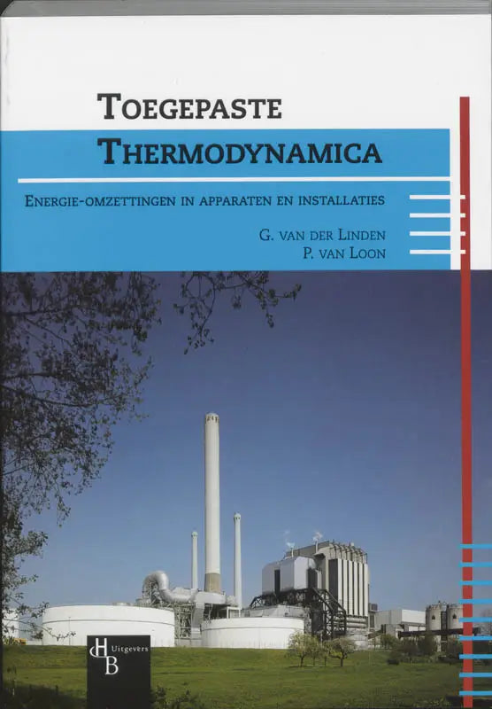 Blauw-witte textbook cover over toegepaste thermodynamica met afbeelding van industriële installatie en schoorstenen