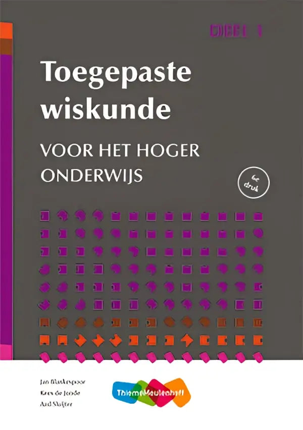 De voorkant van het hogere onderwijs boek toegepaste wiskunde toont paarse geometrische patronen op een donkergrijze achtergrond