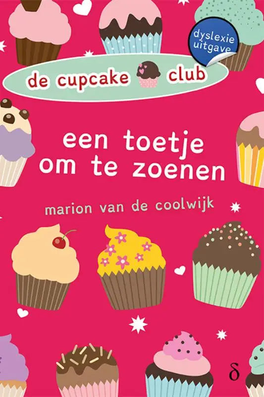 Pink boekcover van serie cupcake-club met cartoon cupcakes in verschillende kleuren en toppings een toetje om te zoenen