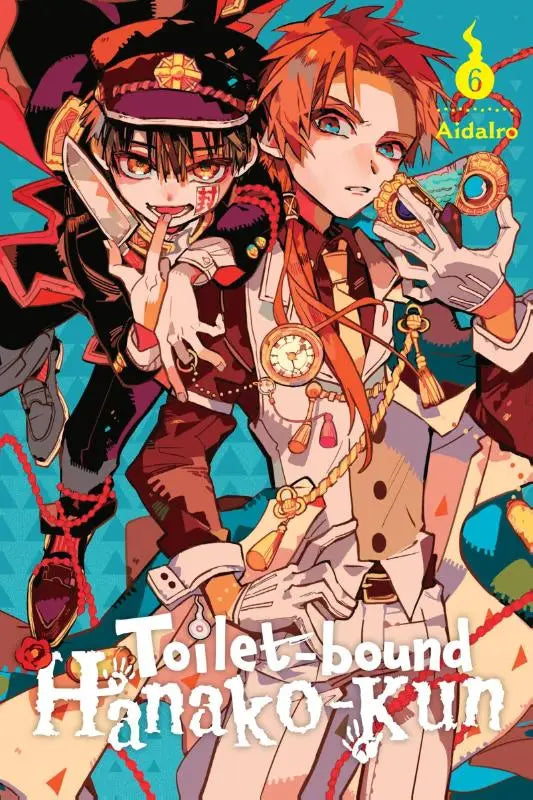De cover van toilet-bound hanako-kun volume 6 toont twee animepersonages in kleurrijke kostuums op een blauwe achtergrond