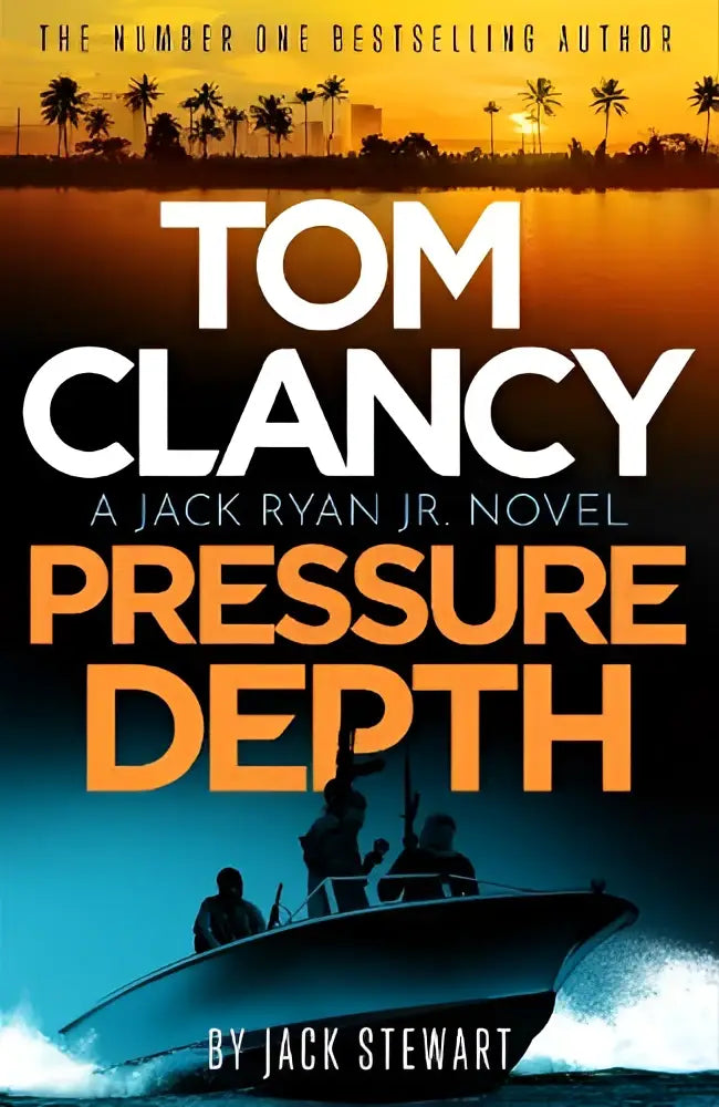 De boekcover van tom clancy pressure depth door jack stewart uit de clancy pressure depth serie in blauw en wit