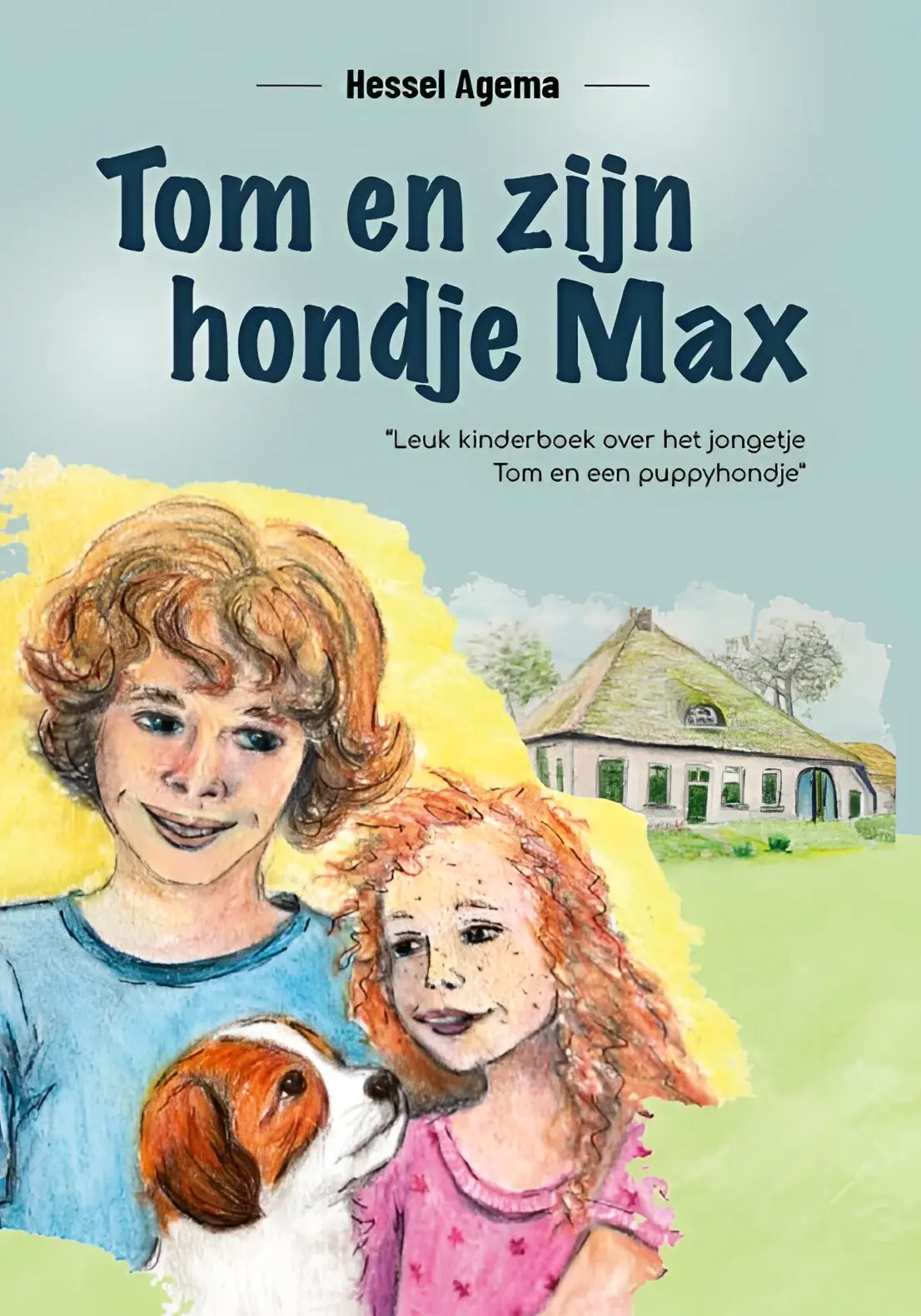 Kinderen boekcover met cartoon van twee kinderen en hondje Max voor jonge lezers door hessel agema