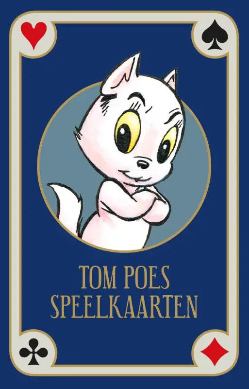 Een charmante roze cartoonkat met gele ogen en vriendelijke glimlach op een blauwe tom poes speelkaarten achterkant