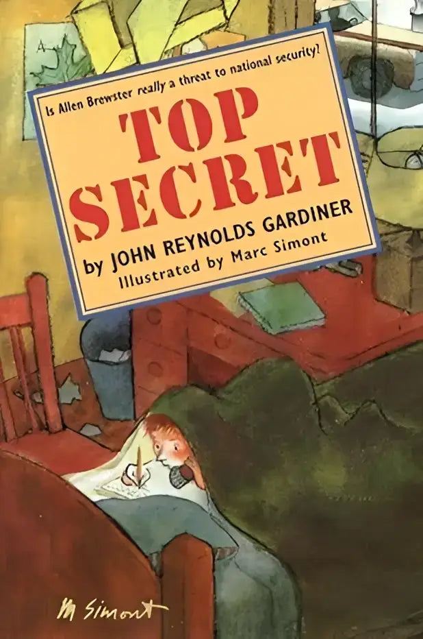 De boekomslag van top secret toont rood en zwart tekst op een gele achtergrond met een kind dat zich verstopt onder dekens