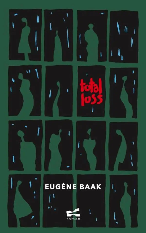 De cover van het boek total loss heeft een donkergroene achtergrond met zwarte panelen en roodgedrukte titel