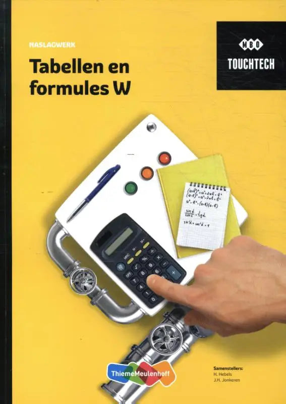 Een touchtech tabellen en formules w calculator met zwarte behuizing zilveren metalen frame en cirkelvormige knoppen op wit oppervlak