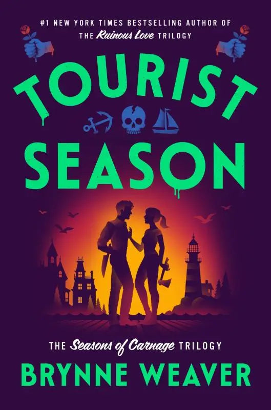 Groen getinte boekomslag van tourist season door brynne weaver met silhouetten van een stel tegen een oranje zonsondergang
