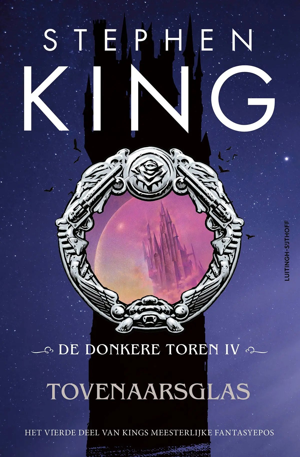 Zilverornamenten frame met vleugels omringt roze paarse gloeiende bol in donkere toren stijl voor luitingh sijthoff collectie