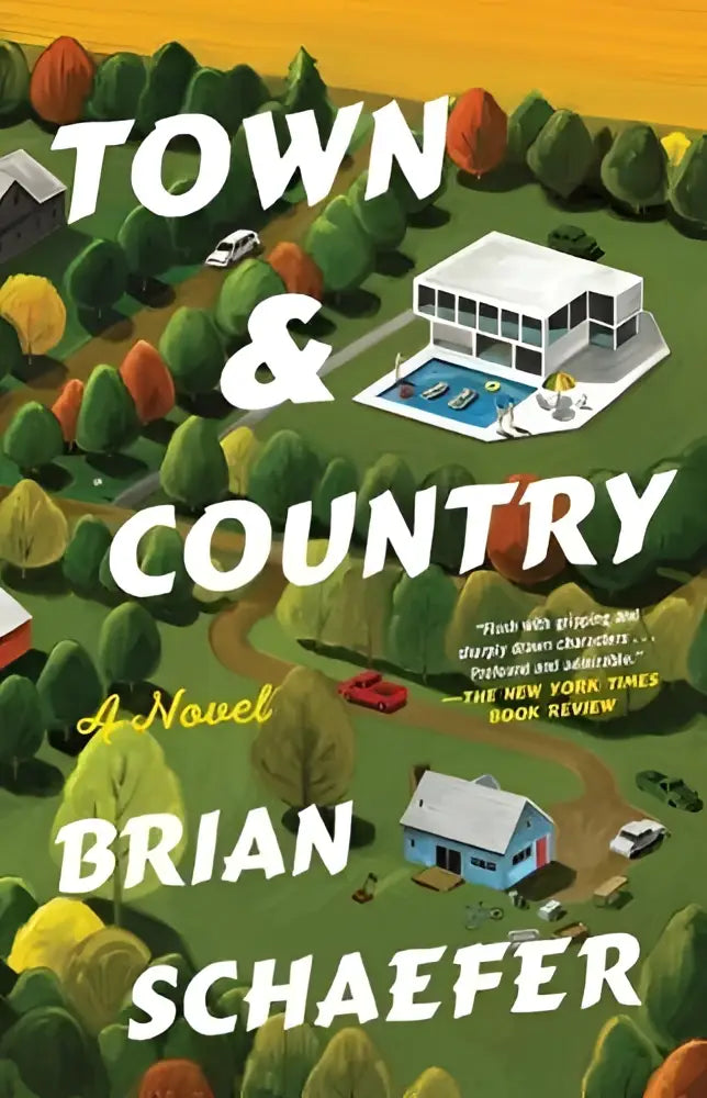 De boekcover van Town en Country een roman toont een gestileerde illustratie van kleurrijke bomen huizen en voertuigen