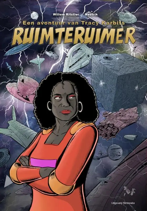 Een zelfverzekerde vrouw met donkere huid en krullend zwart haar draagt een levendige oranje jurk met paarse en gele accenten tracy karbits ruimteruimer