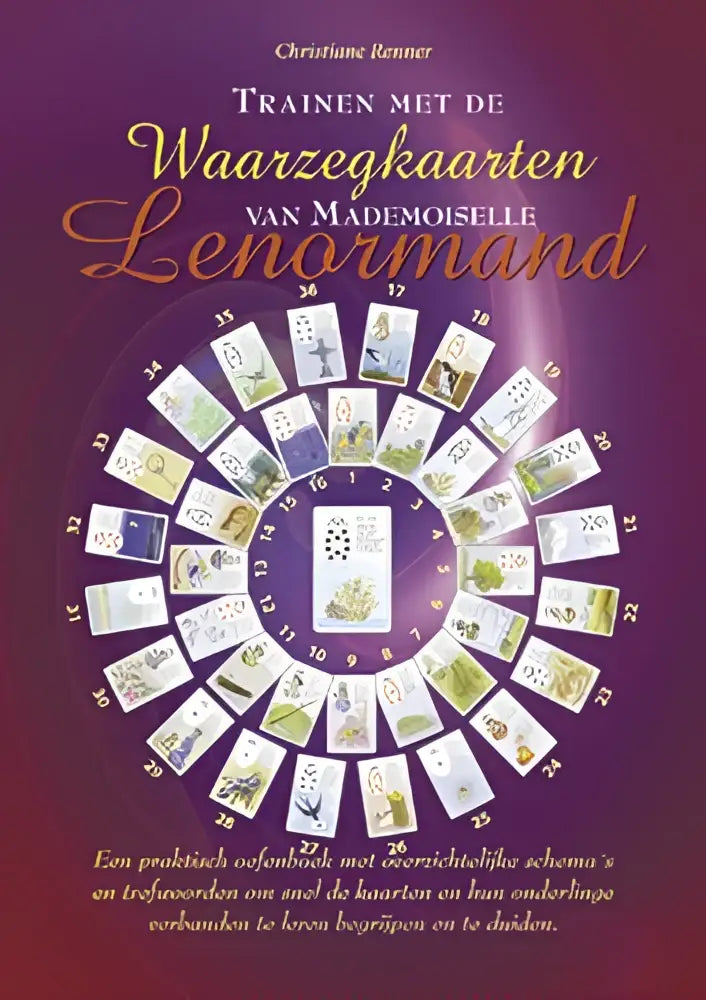 Paars omslag van mademoiselle lenormand boek met cirkel van tarotkaarten en gedetailleerde gouden illustraties