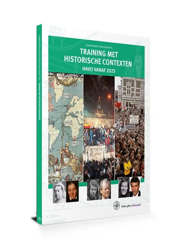 Een groen-wit educatief werkboek training met historische contexten voor havo vanaf 2025 met collage van historische afbeeldingen
