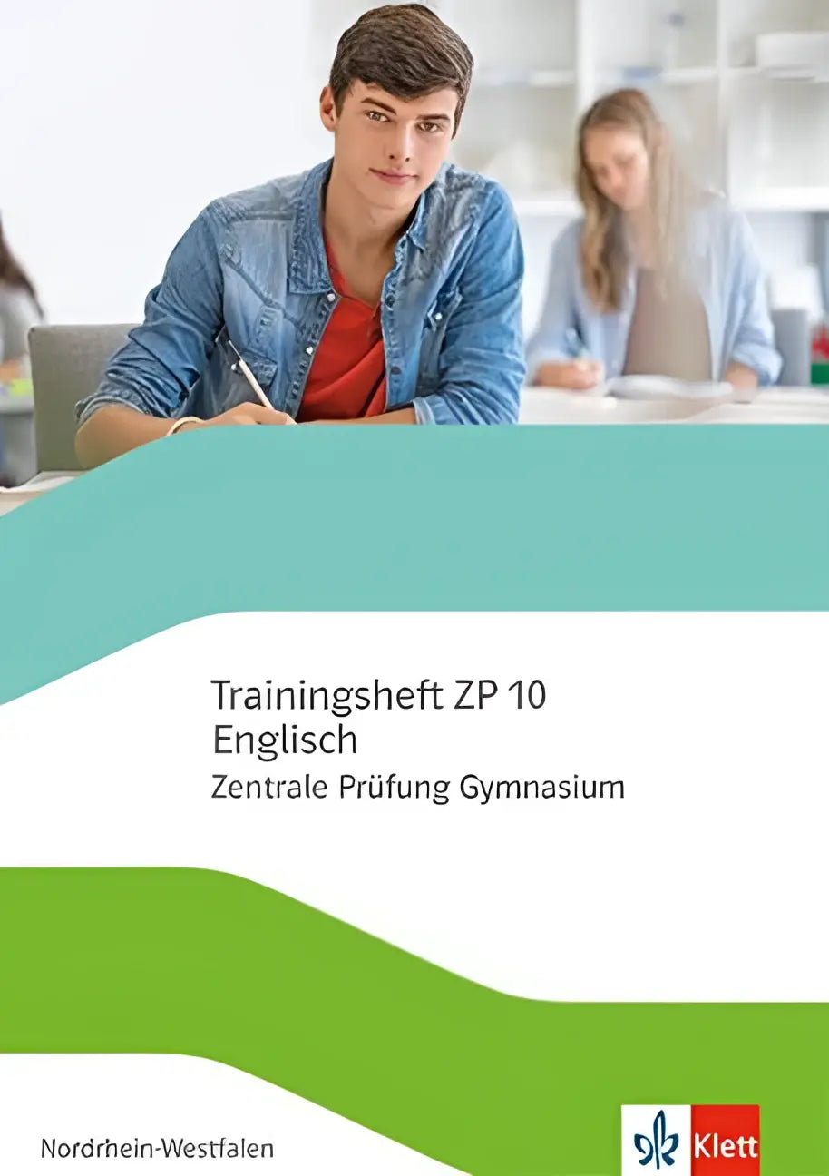 Teal en groene gestreepte trainingsheft zentrale cover voor englisch klasse 10 met klett branding en solutions