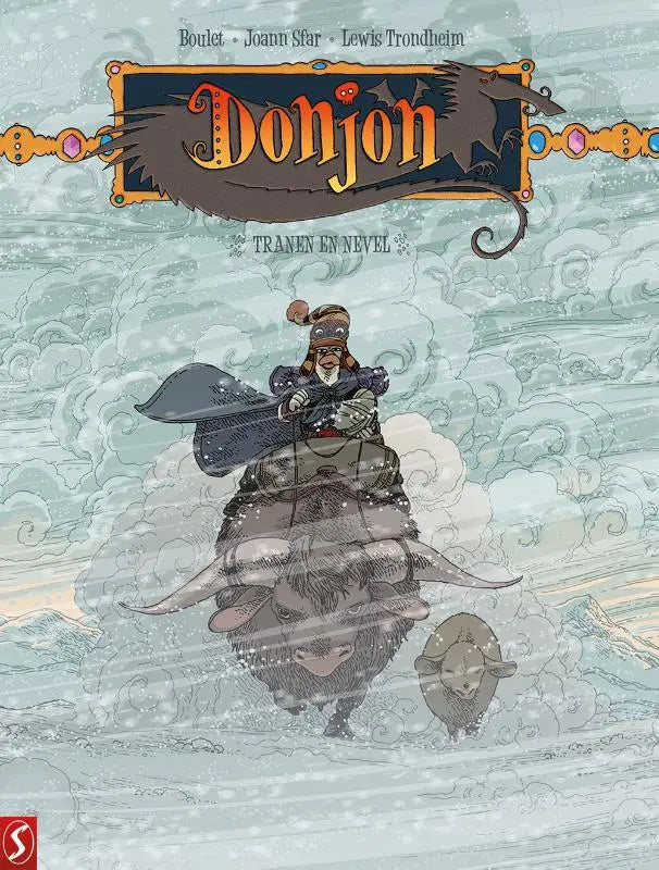 De cover van de graphic novel donjon tranen en nevel toont een figuur in harnas op een jak in stormachtig water
