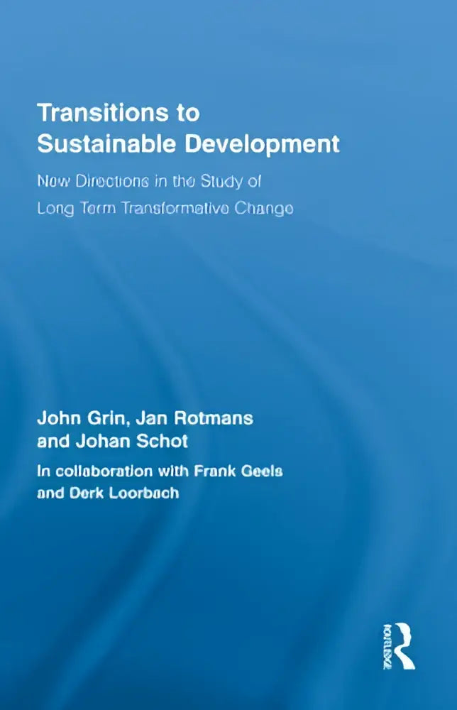 Blauwe boekomslag met de titel transitions to sustainable development en auteursnamen in witte tekst over duurzame ontwikkeling en transformerende verandering