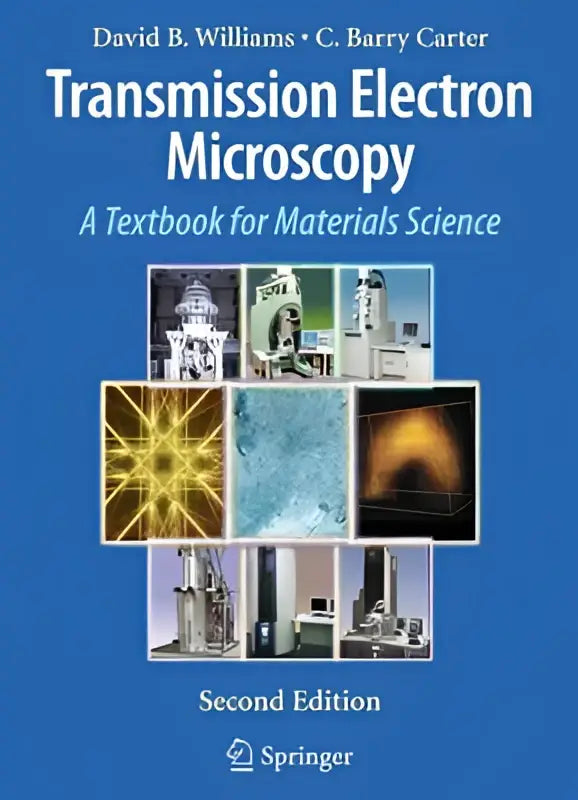 Blauw boekomslag transmission electron microscopy een nieuw edition textbook for materials science met wetenschappelijke afbeeldingen en springer-logo
