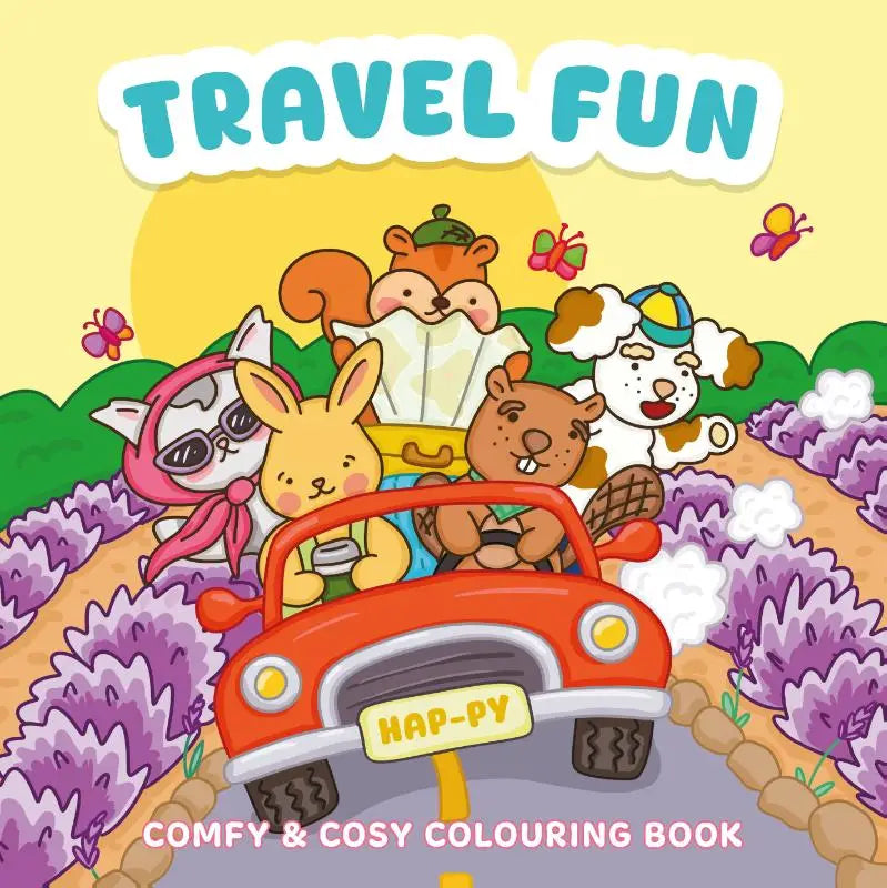 Rode cartoonauto met gele koplampen en hap-py kenteken rijdt door lavendelvelden in cosy colouring book travel fun