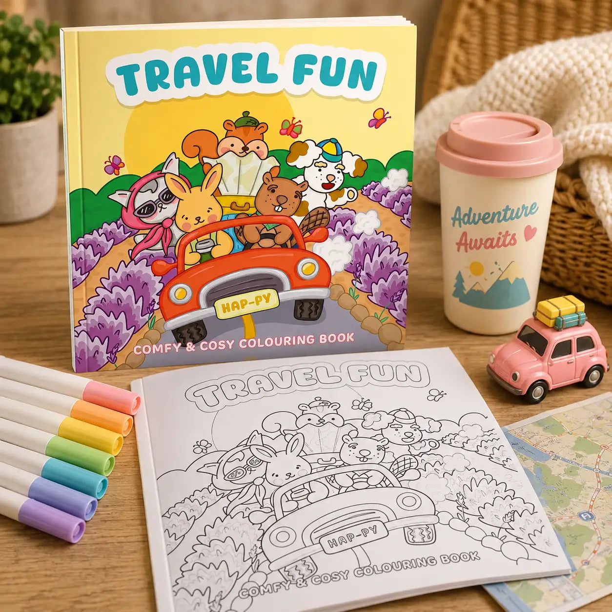 Gele cozy colouring book travel fun met kawaii illustraties van cartoon dieren in een rode auto op de voorkant