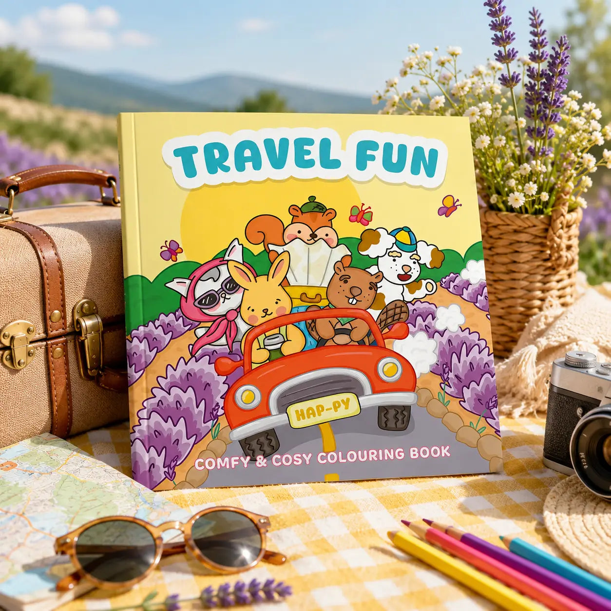 Vibrante gele travel fun cosy colouring book met kawaii illustraties van cartoon dieren in rode auto