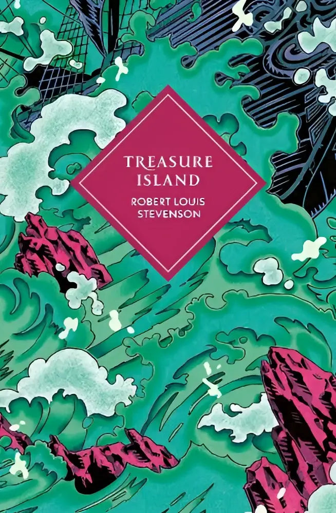 A vibrant illustrated book cover for treasure island by robert louis stevenson with teal and magenta waves and pink rocks