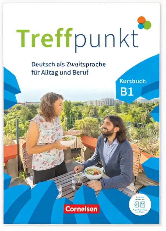 De cover van treffpunkt b1 deutsch für integration toont twee mensen die samen buiten eten in een blauwe en witte stijl